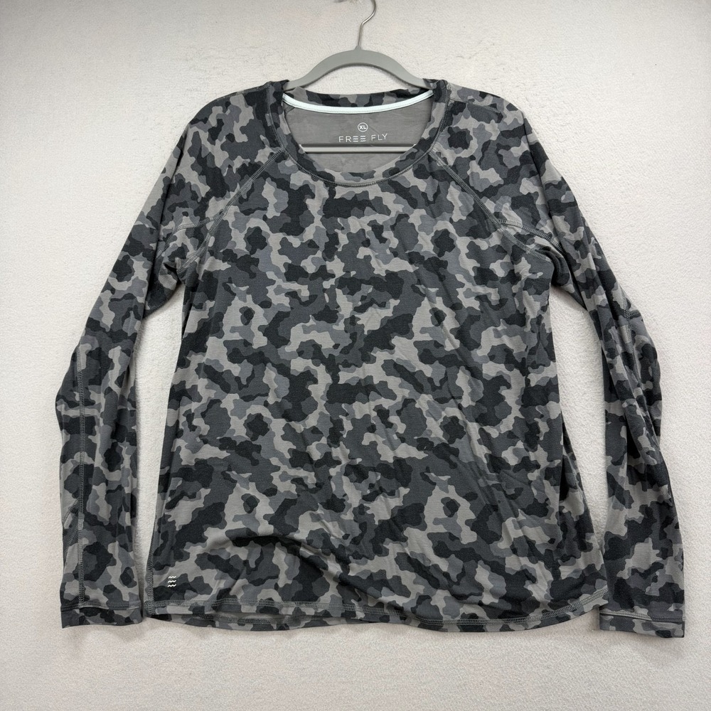 Free Fly Shirt Mens XL‎ Gray Camo Raglan Long Sleeve Crew Neck Activewear Bamboo